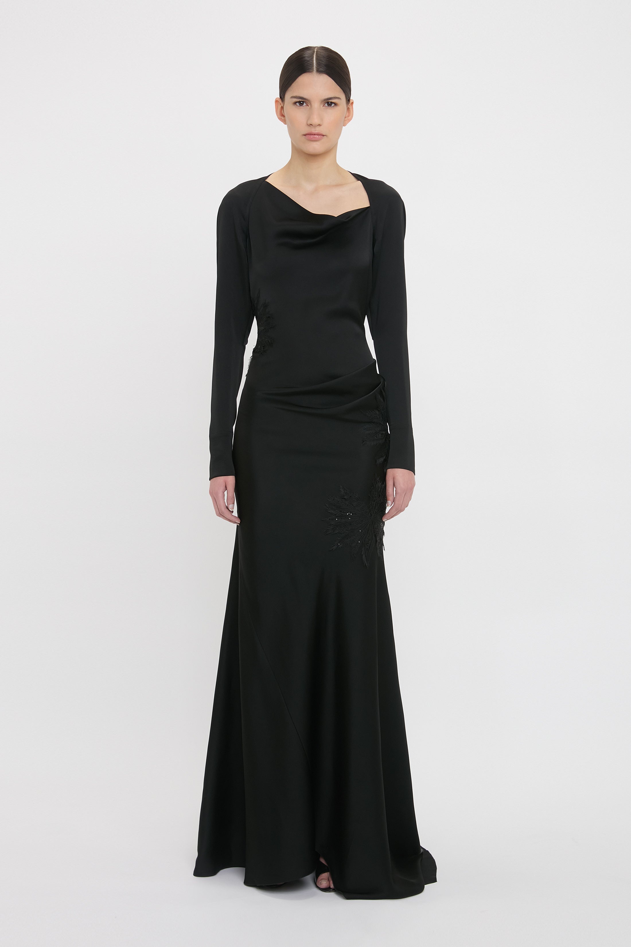 Long Sleeve Lace Applique Floor-Length Gown In Black - 2