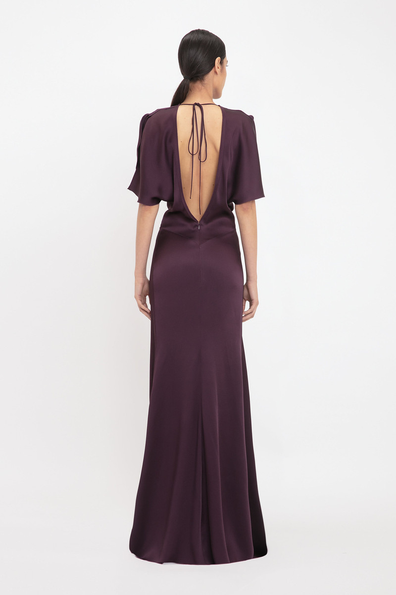 Victoria Beckham Gathered Waist Floor-Length Dress In Fig -  1125WDR005454A-Fig-4 | REVERSIBLE