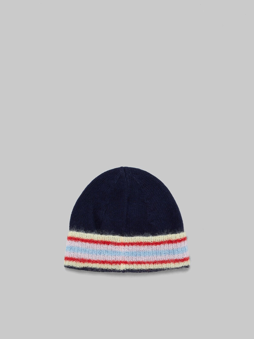 DEEP BLUE WOOL BEANIE WITH STRIPED TURN-UP - 2