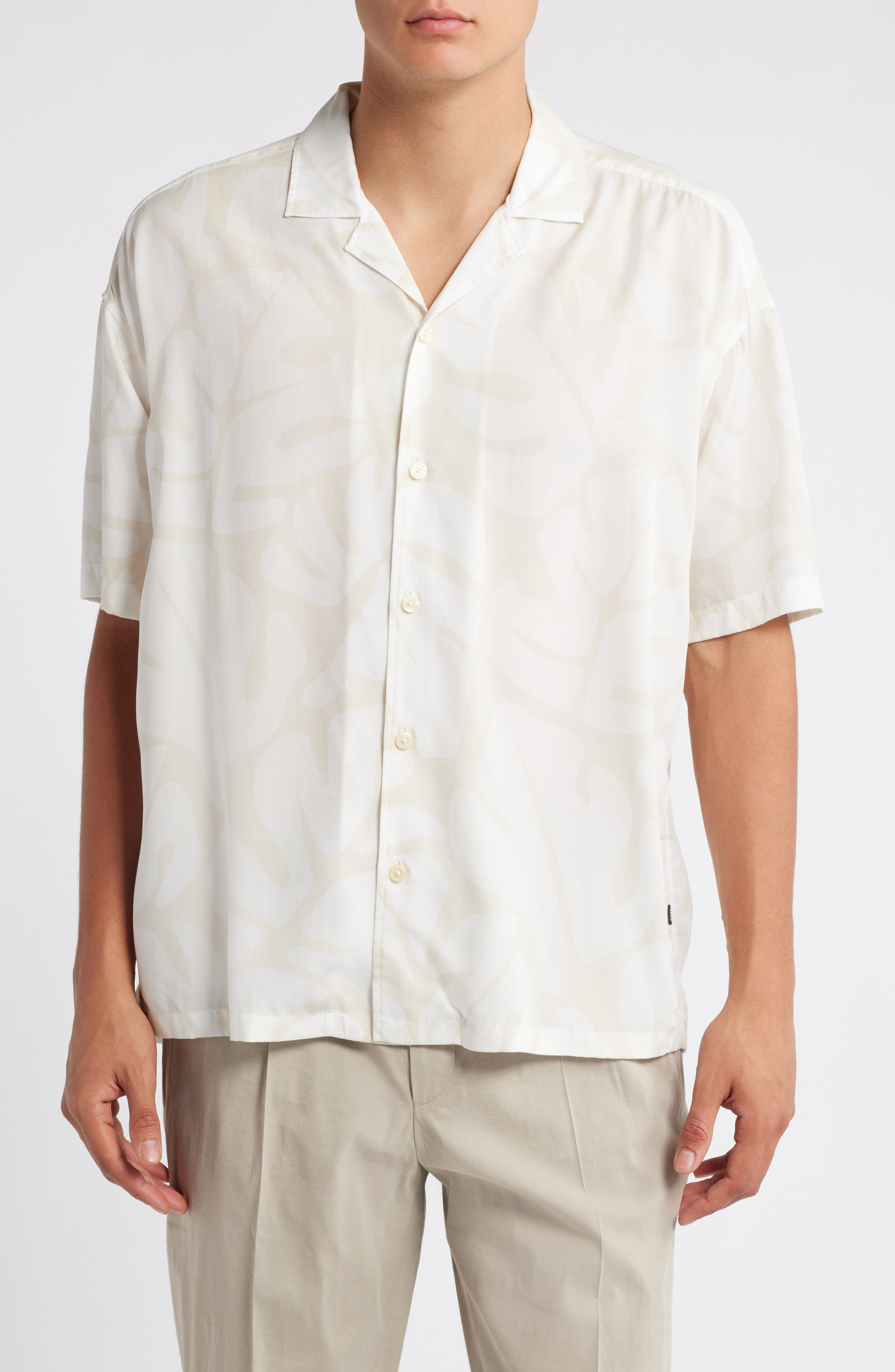 BOSS Drew Relaxed Fit Lyocell Camp Shirt in Open Wht at Nordstrom - 1