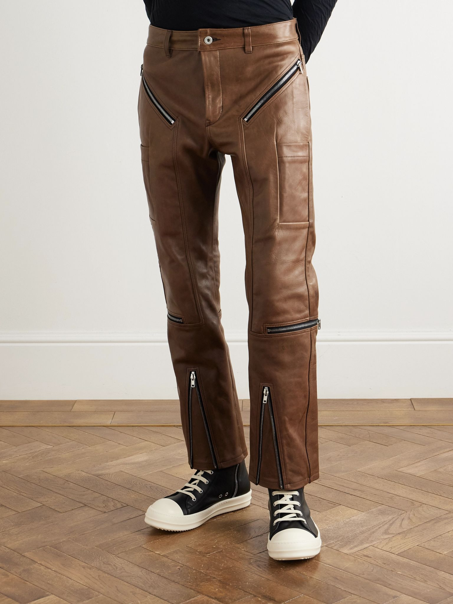 Slim-Fit Leather Trousers Brown - 3