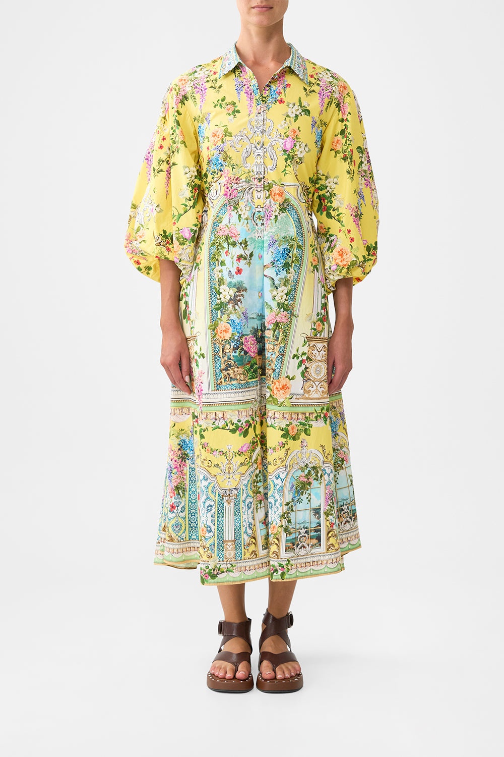 WAIST TIE SHIRT DRESS WITH BUBBLE SLEEVE - 8