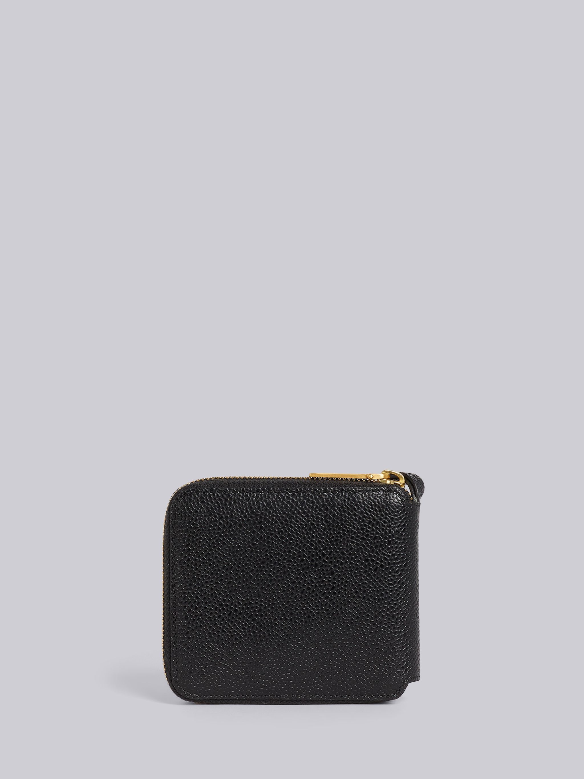 Black Pebble Grain Leather Debossed 4-Bar Compact Zip Wallet With Strap - 4