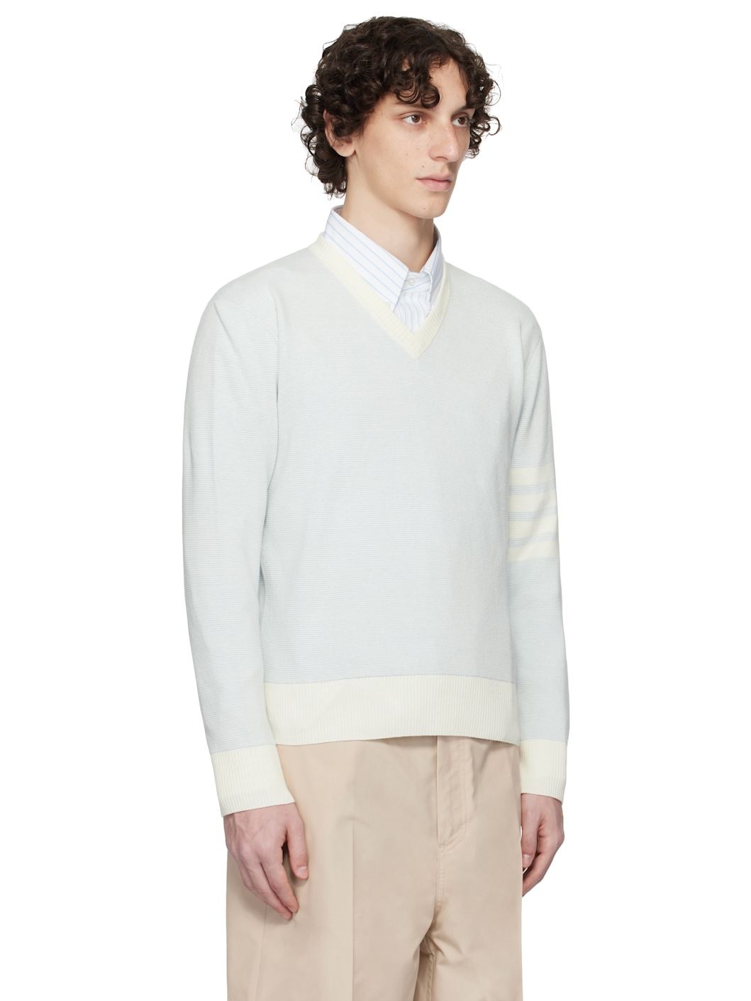 Blue Textured Striped Stitch 4-Bar Relaxed Sweater - 2