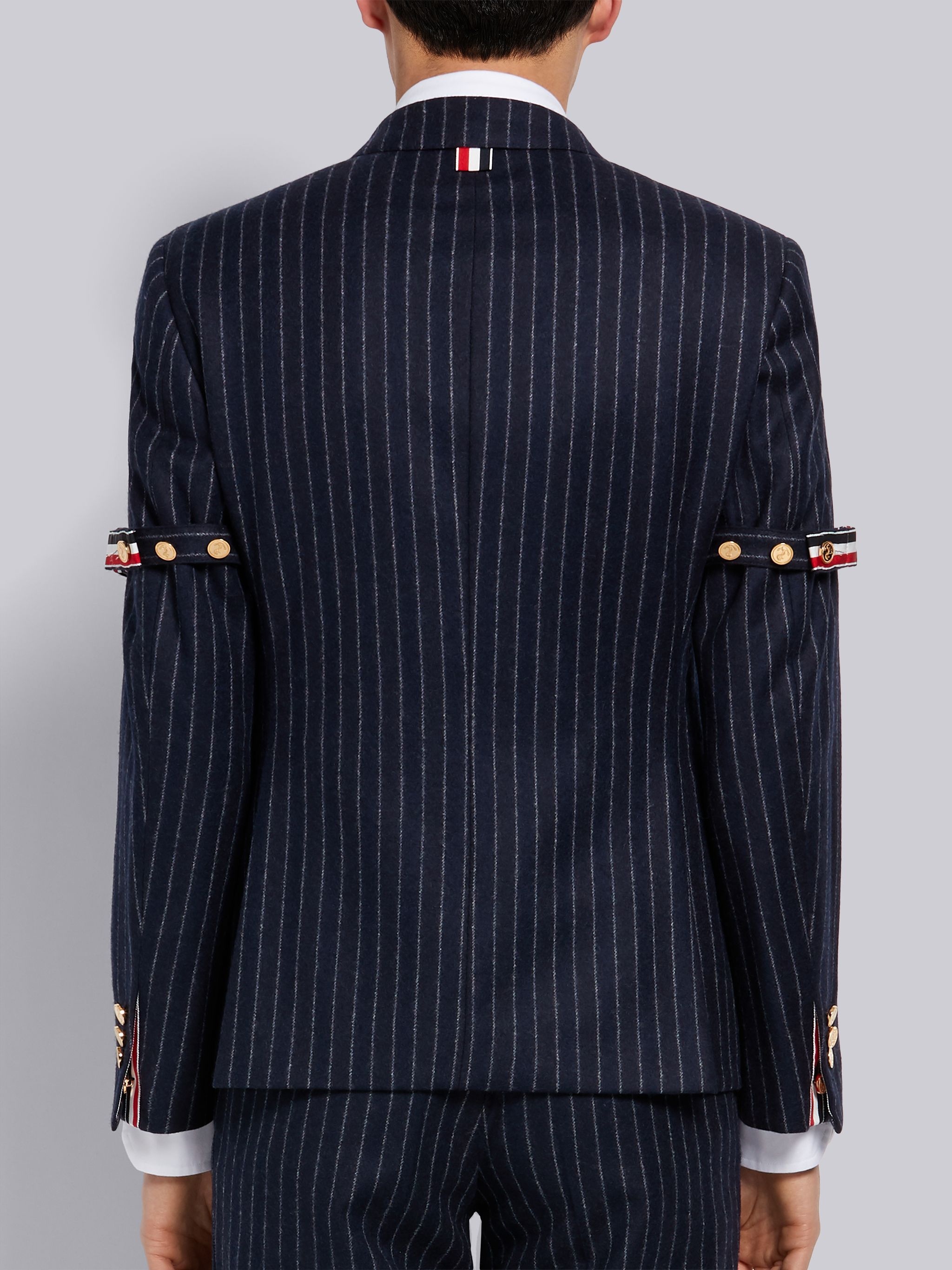 Navy Tonal Chalk Stripe Wool Flannel Armband Classic Jacket - 3