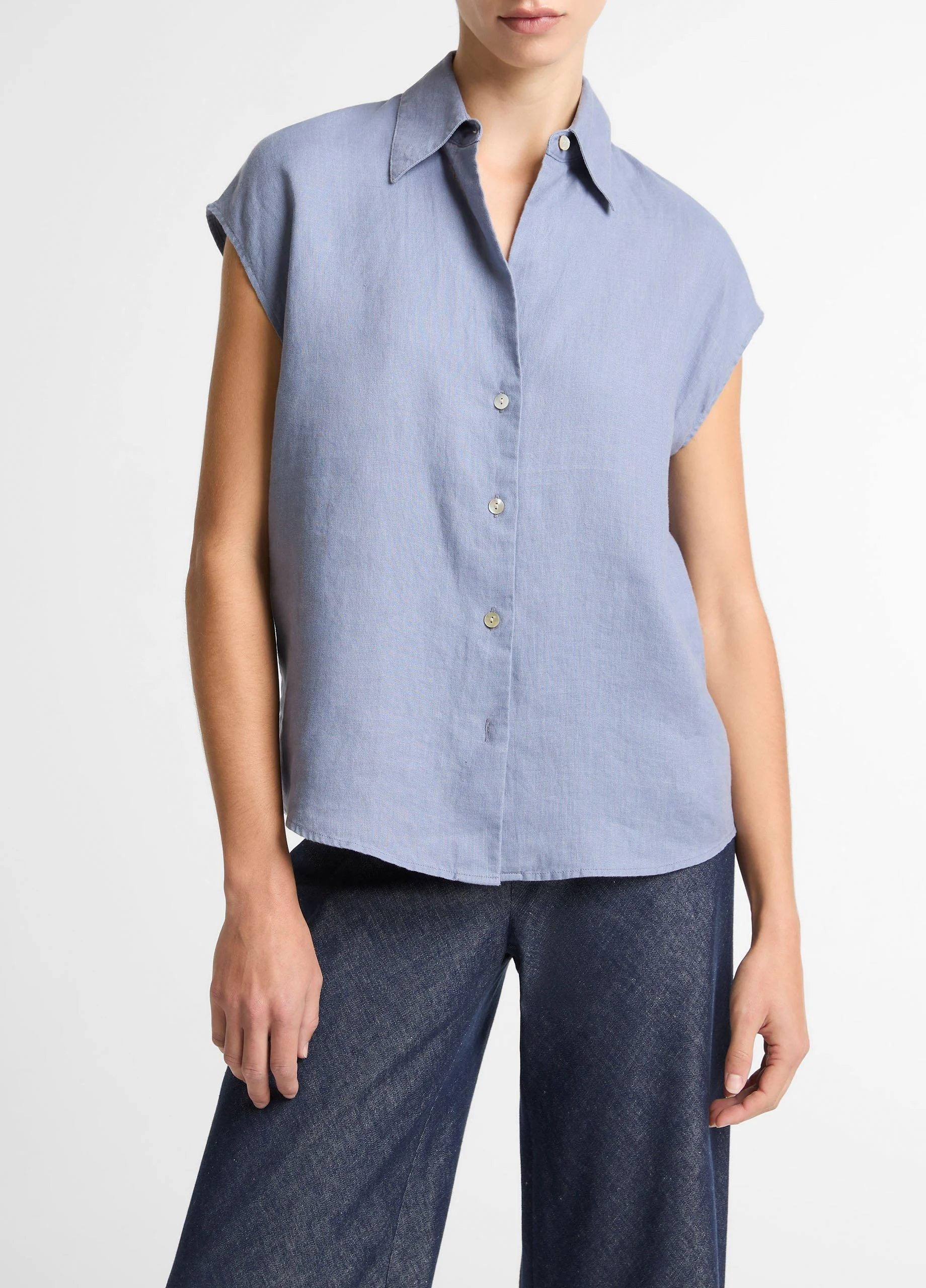 Linen Cap-Sleeve Button-Front Blouse - 1