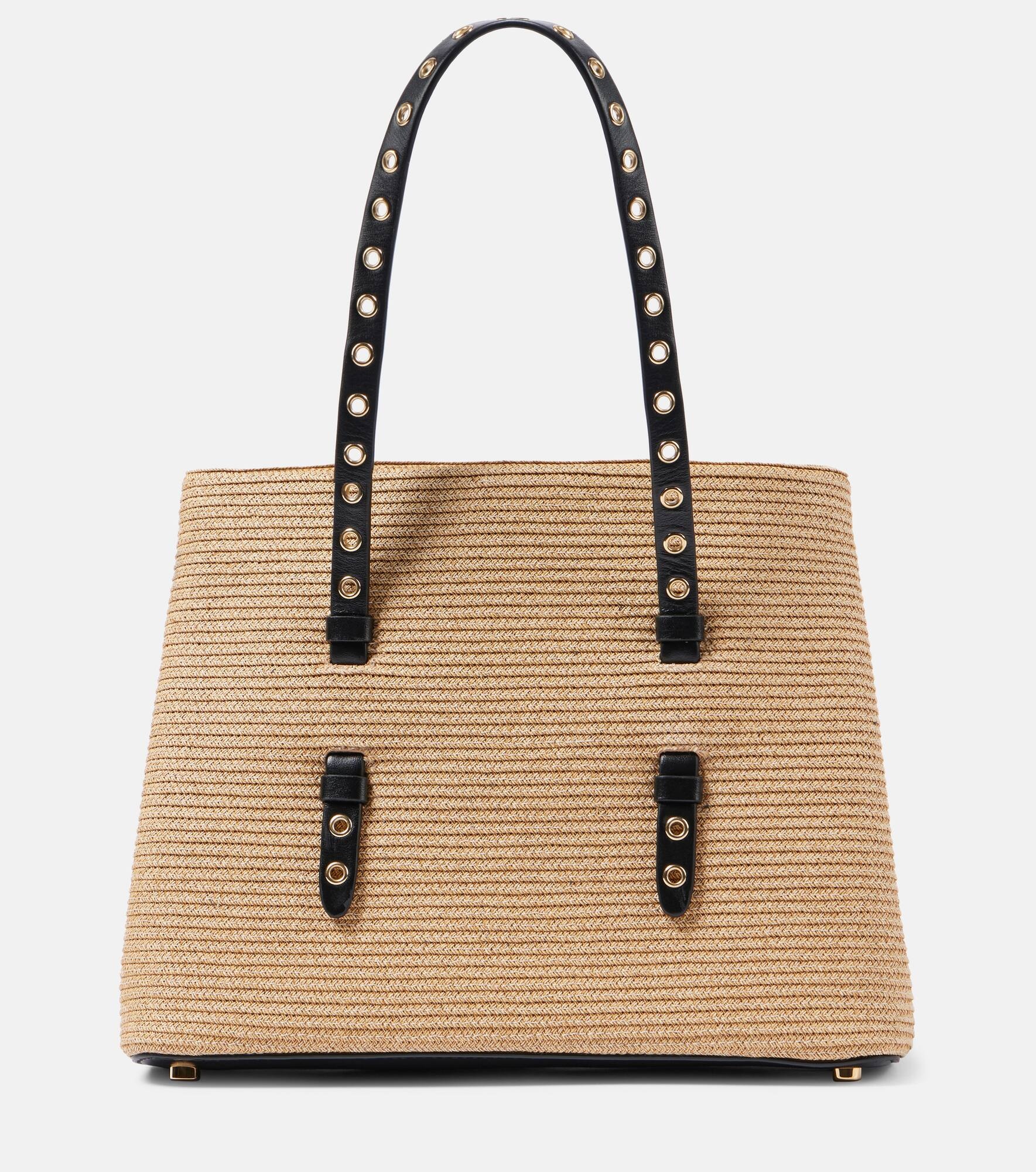 Mina 25 leather-trimmed raffia tote bag - 1