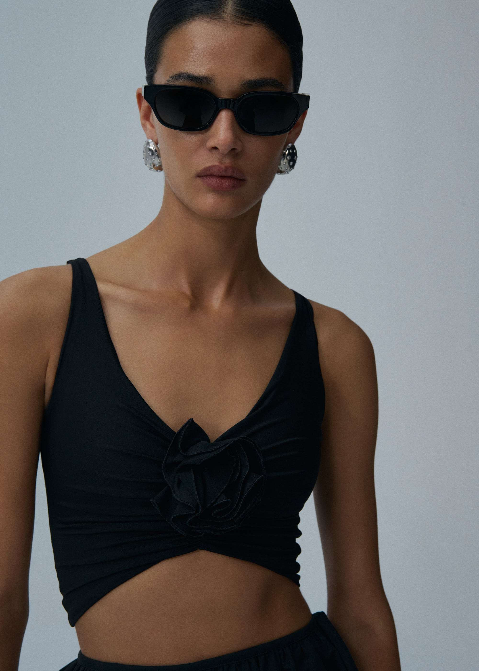Ruched flower top in black - 5