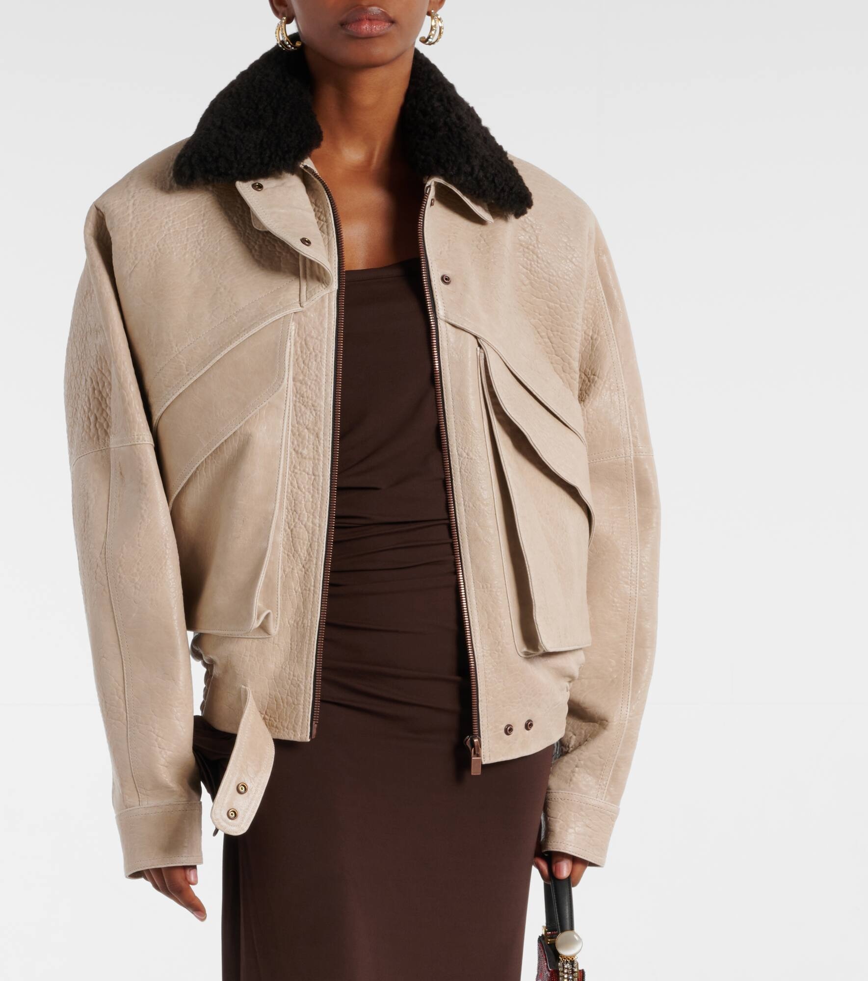 Shearling-trimmed leather jacket - 4