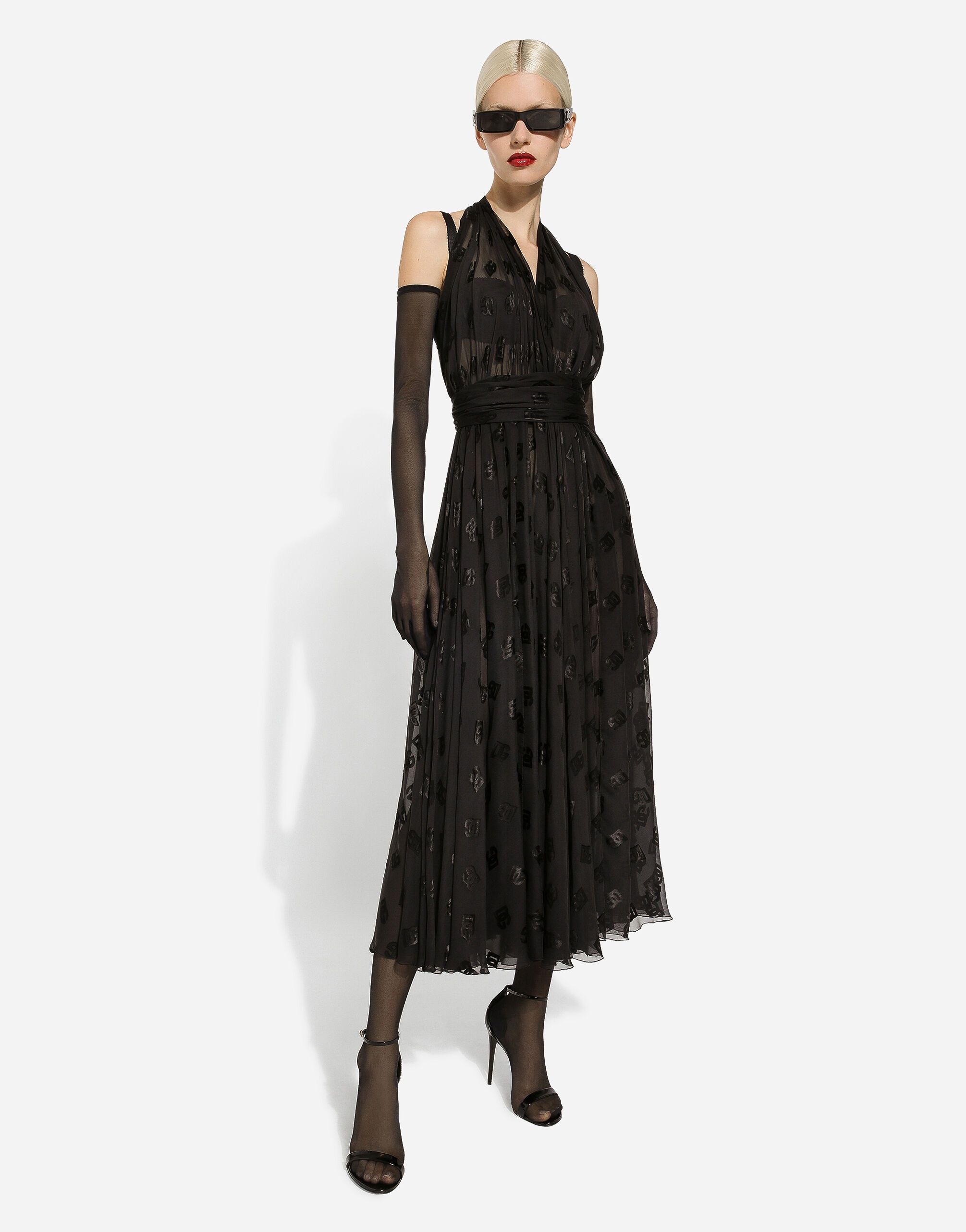 Dévoré satin calf-length dress with all-over DG logo - 6