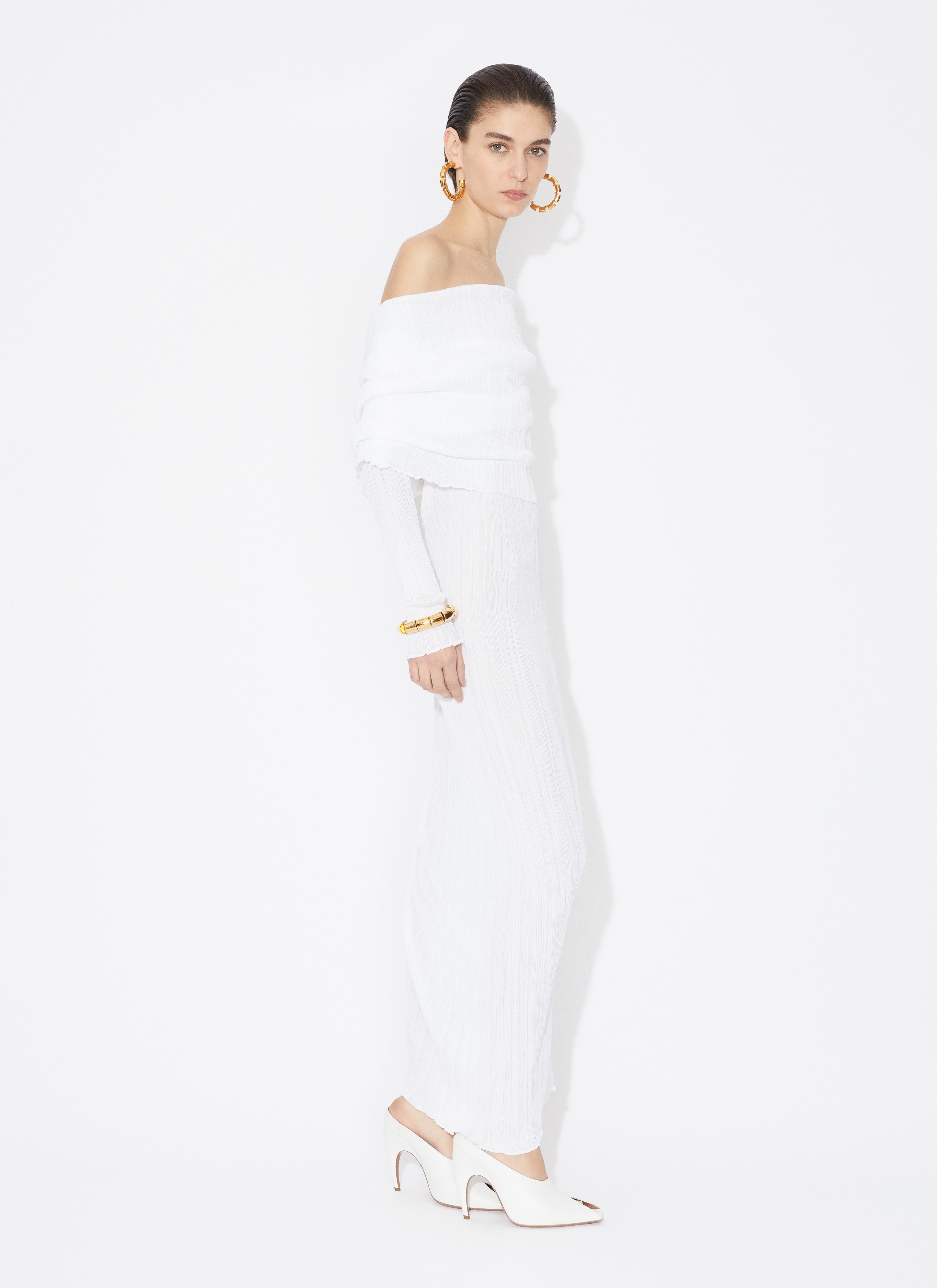 DRAPED OFF SHOULDER DRESS IN PLEATED KNIT - 4