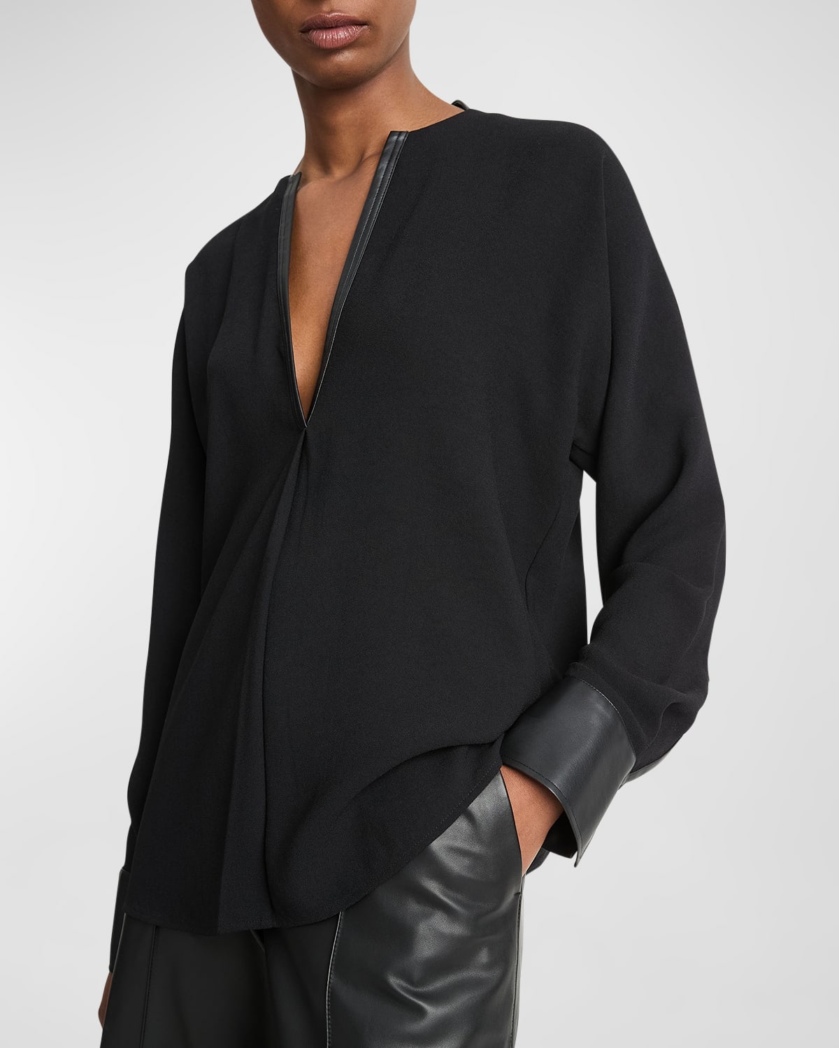 Leather-Trim Dolman-Sleeve Blouse - 3