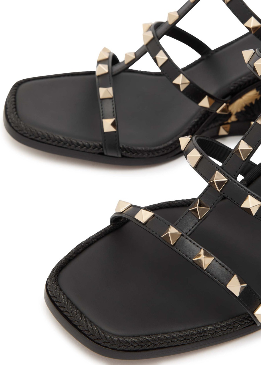 Valentino Rockstud 90 Leather and Raffia Wedge Sandals - 3