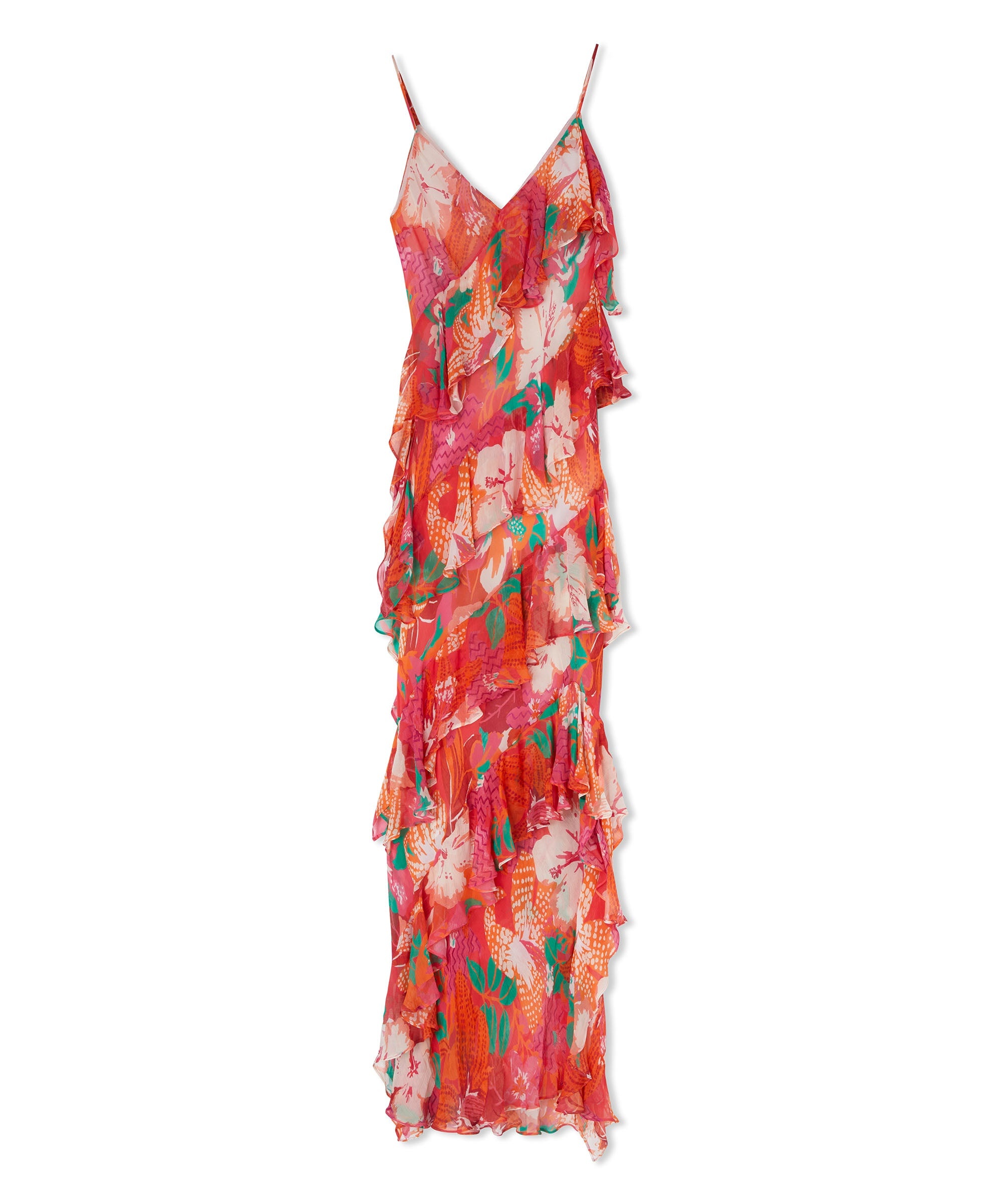 Long dress with ruffles in cr&ecirc;pe viscose with "Tropical" print - 2