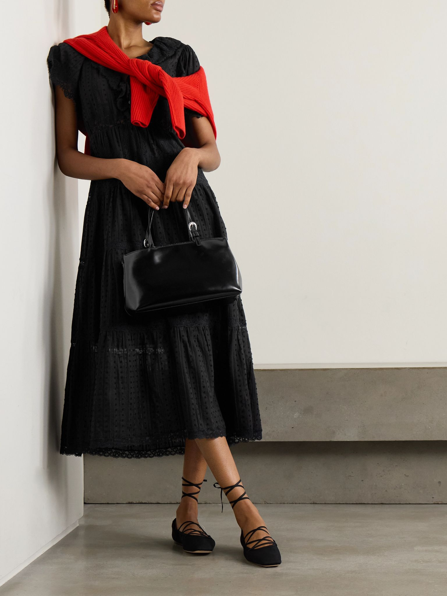 Gabriella ruffled tiered lace-trimmed point d'esprit cotton dress Black - 2