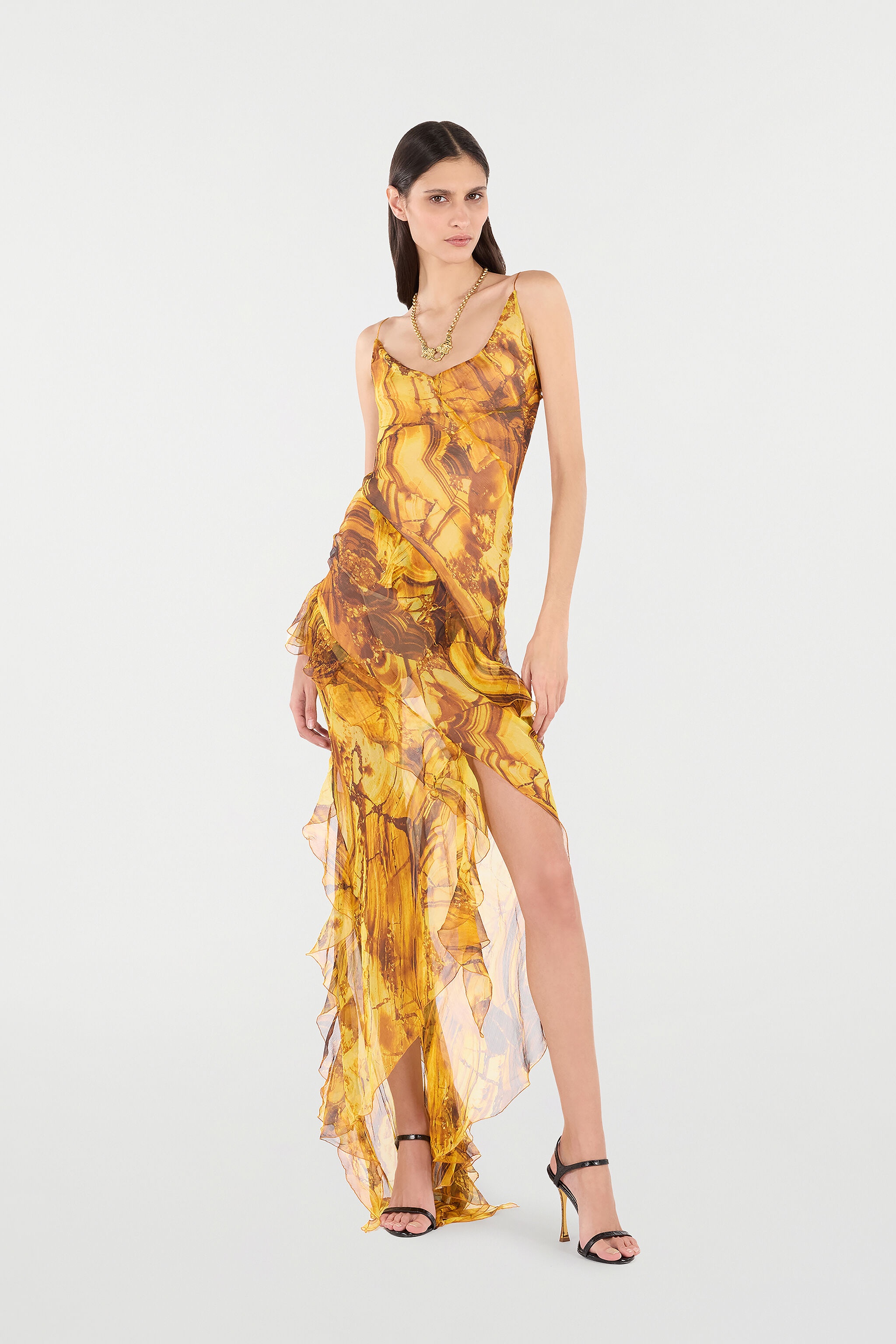 Asymmetric Silk Dress with Amber Print - 2