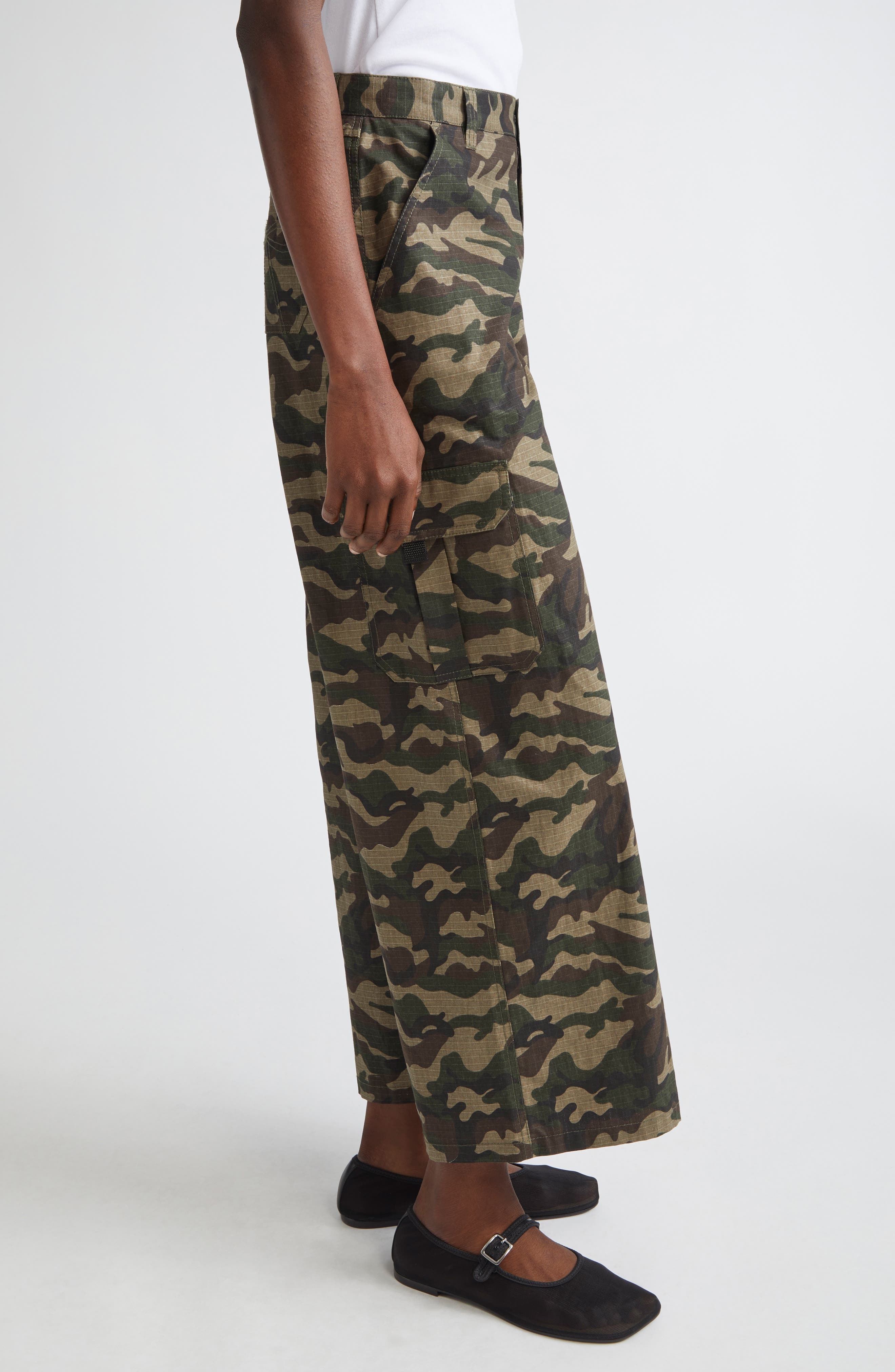 Sandy Liang Sorano Bow Embroidered Wide Leg Camo Cargo Pants in Green Multi at Nordstrom - 3