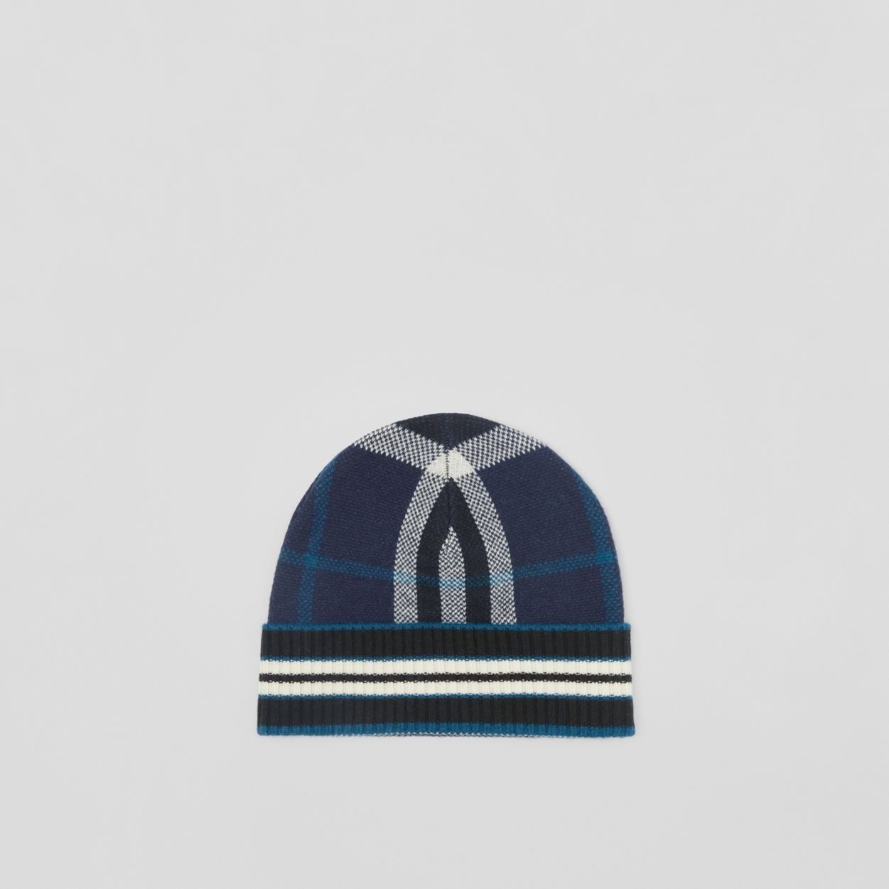 Check and Stripe Cashmere Beanie - 1