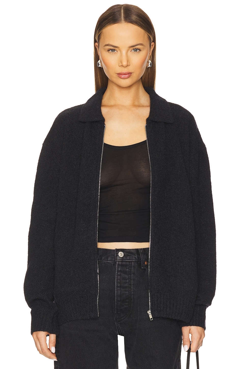 Knit Zip Up Jacket With Collar - 2