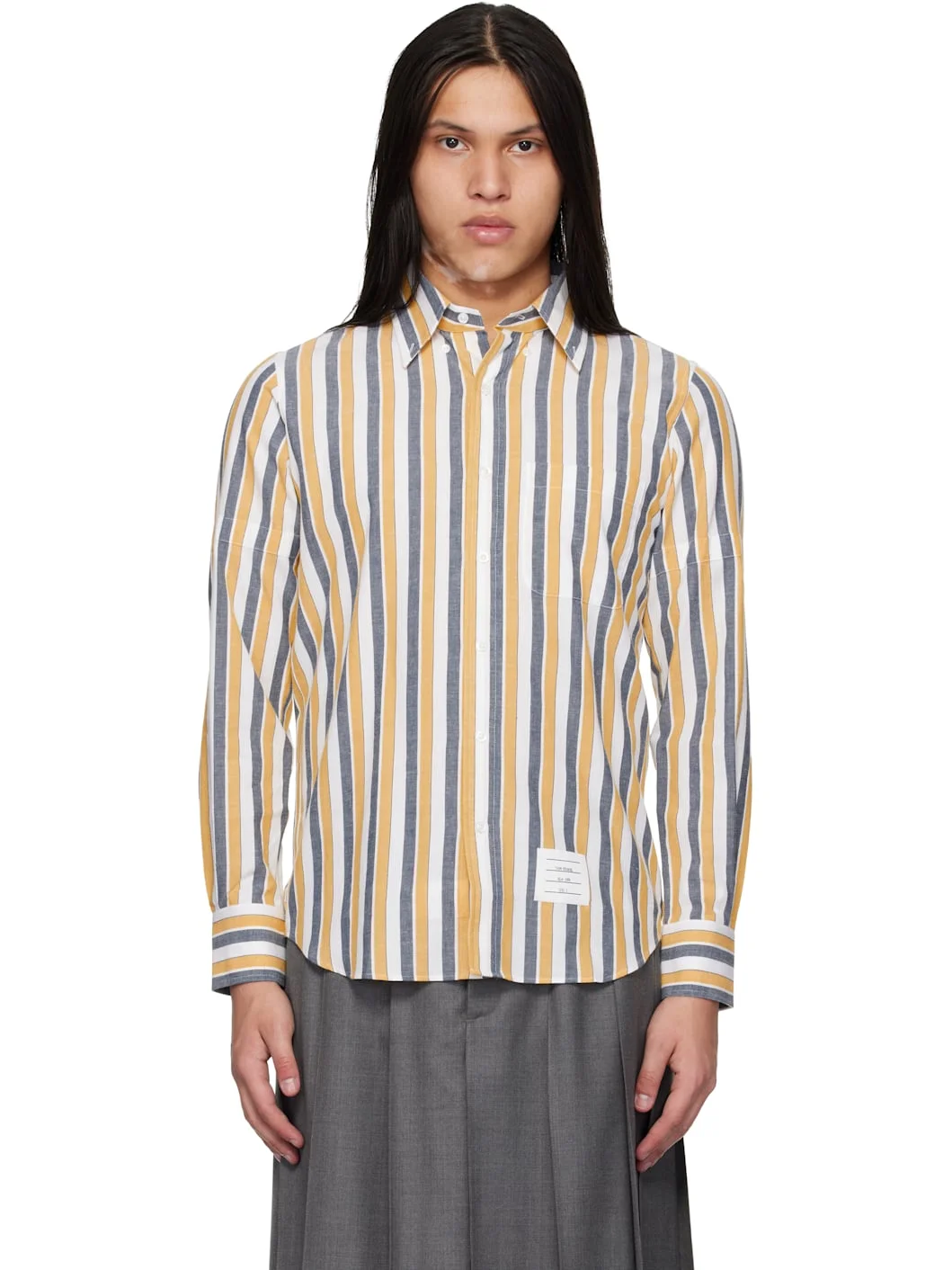 Yellow & Gray Madras Cotton Repp Stripe Armband Shirt - 1