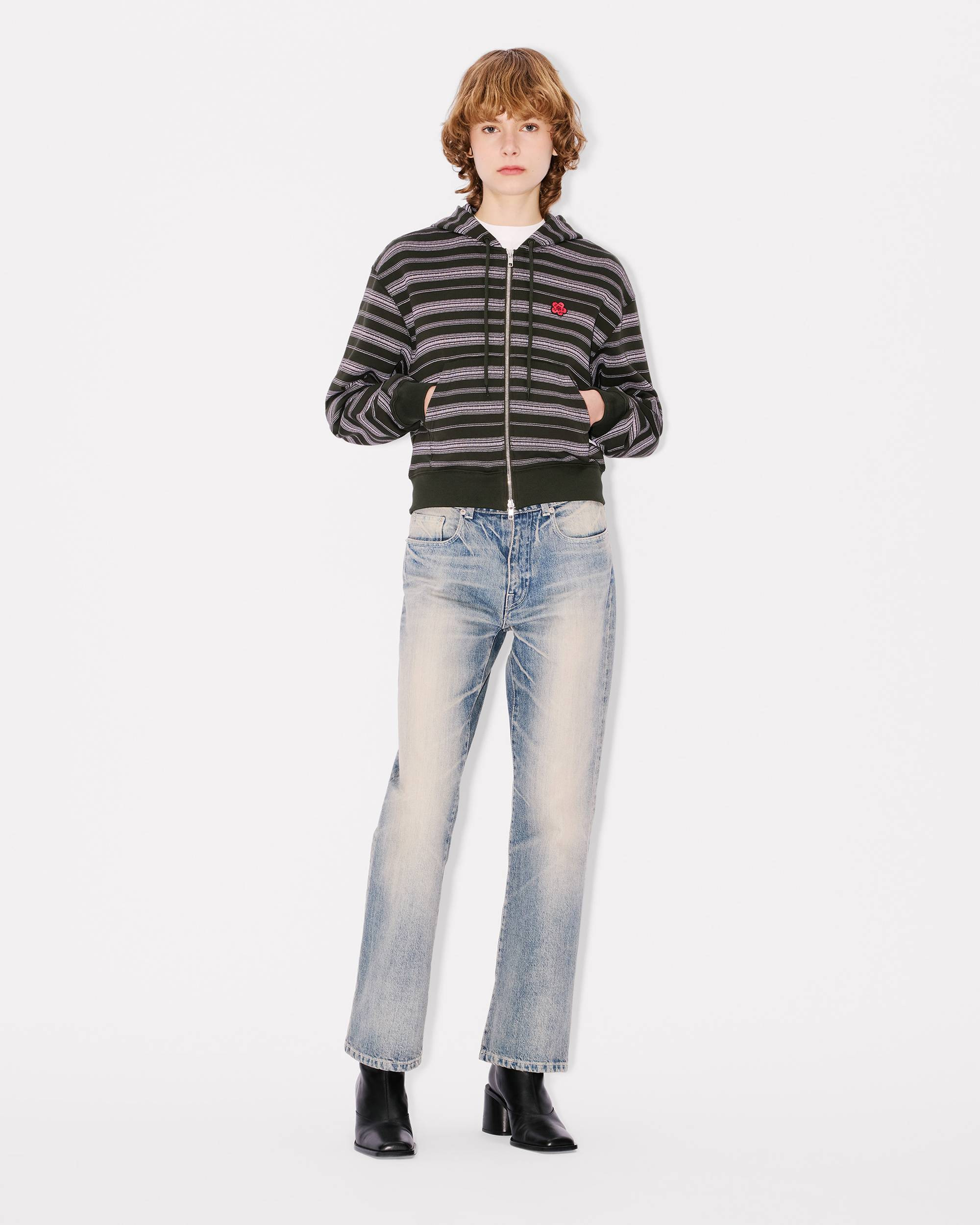 'Boke Flower' stripes short zip-up hoodie in cotton - 5