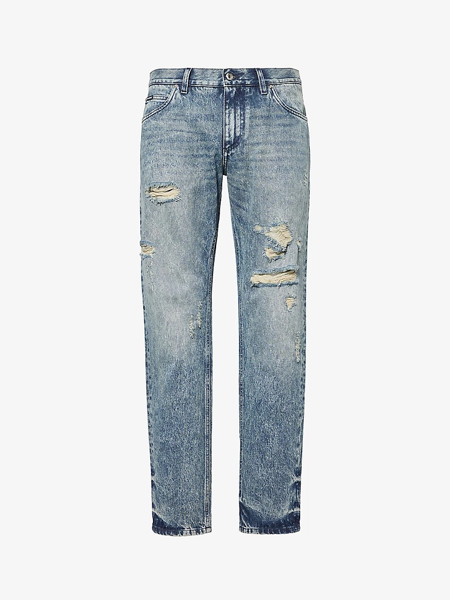 Distressed slim-leg mid-rise jeans - 1