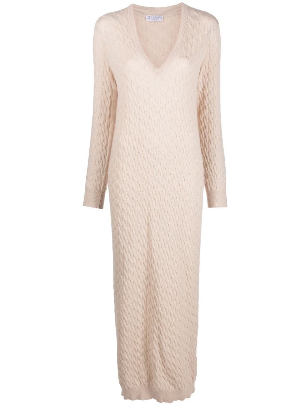 Cotton Linen And Silk Midi Dress in Beige - Brunello Cucinelli