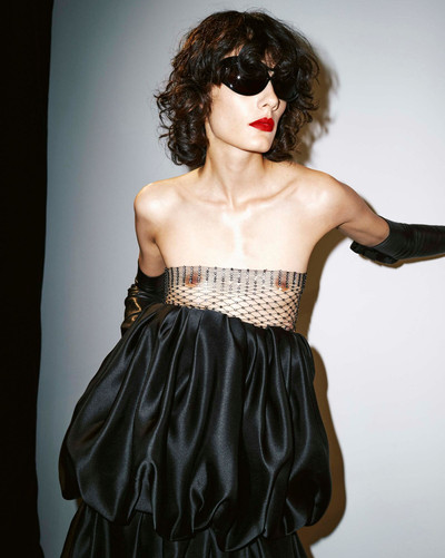 SAINT LAURENT strapless cropped top in mesh and long bubble skirt in double satin outlook