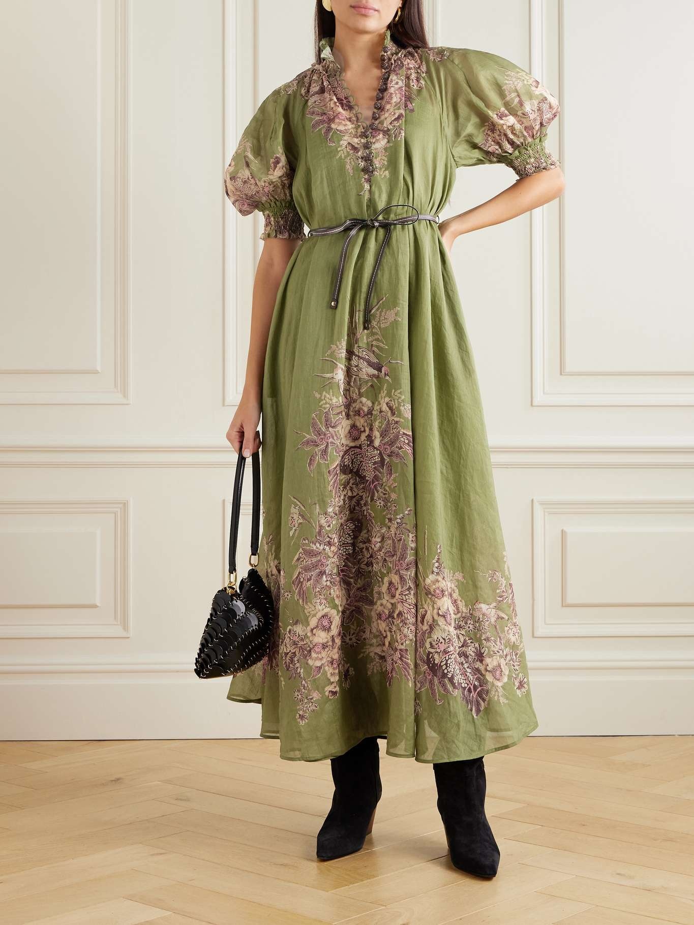 Ottie belted leather-trimmed floral-print ramie maxi dress - 2