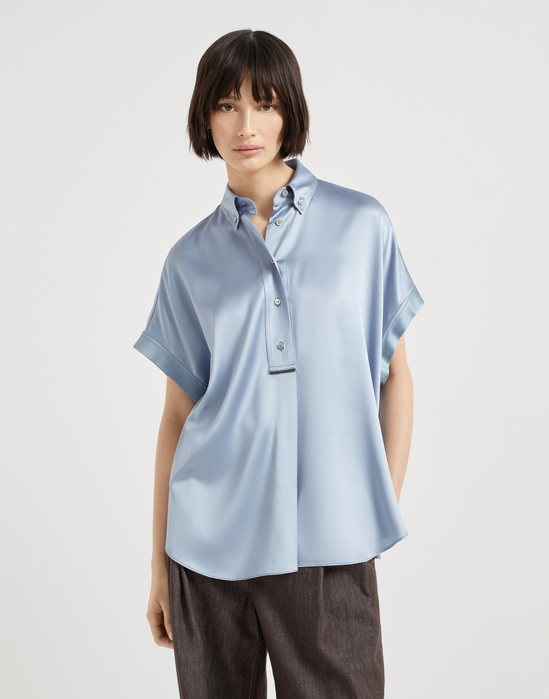 Stretch silk satin short sleeve shirt with monili - 1