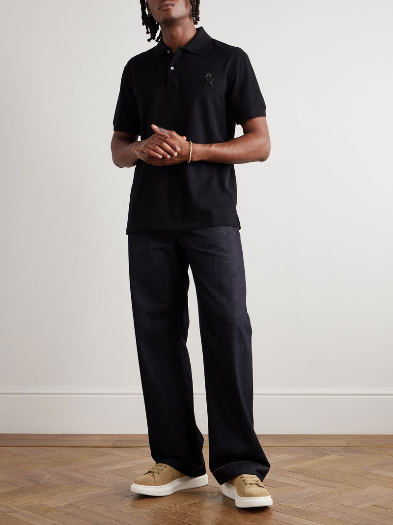 Alexander McQueen Embellished Cotton-Piqué Polo Shirt Black outlook