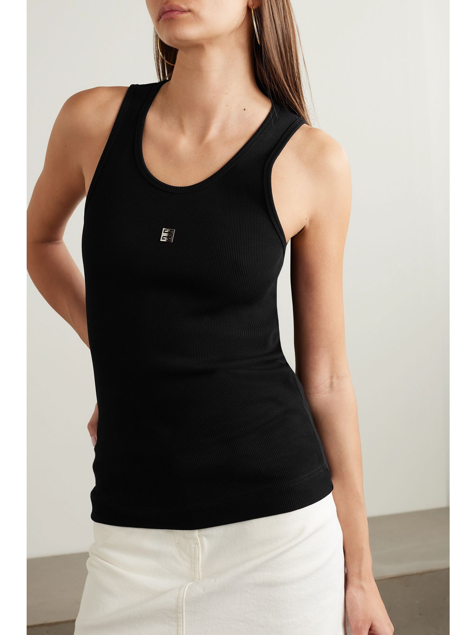 Embellished ribbed stretch-cotton tank Black - 3