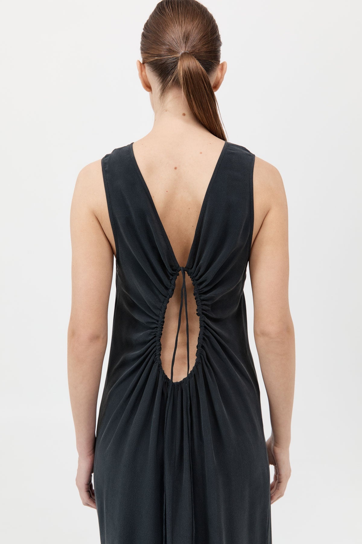 Drawstring Silk Dress - Black - 5