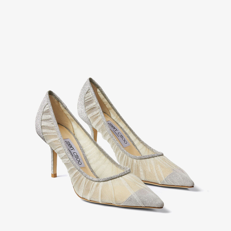 Love 65 Metallic Silver Glitter Fabric Pumps with Ivory Tulle Overlay 3