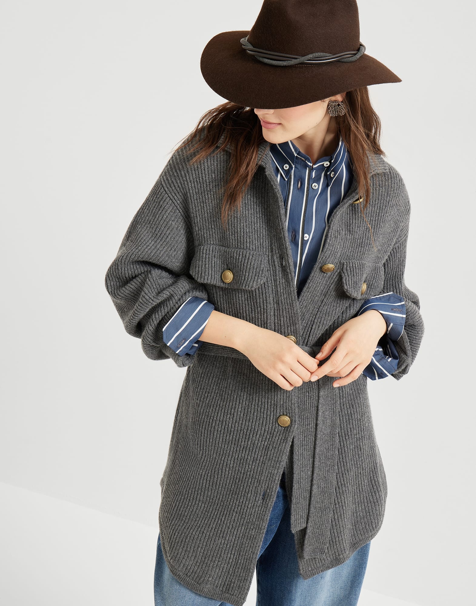 Virgin wool, cashmere and silk English rib belted cardigan with metal buttons - 4