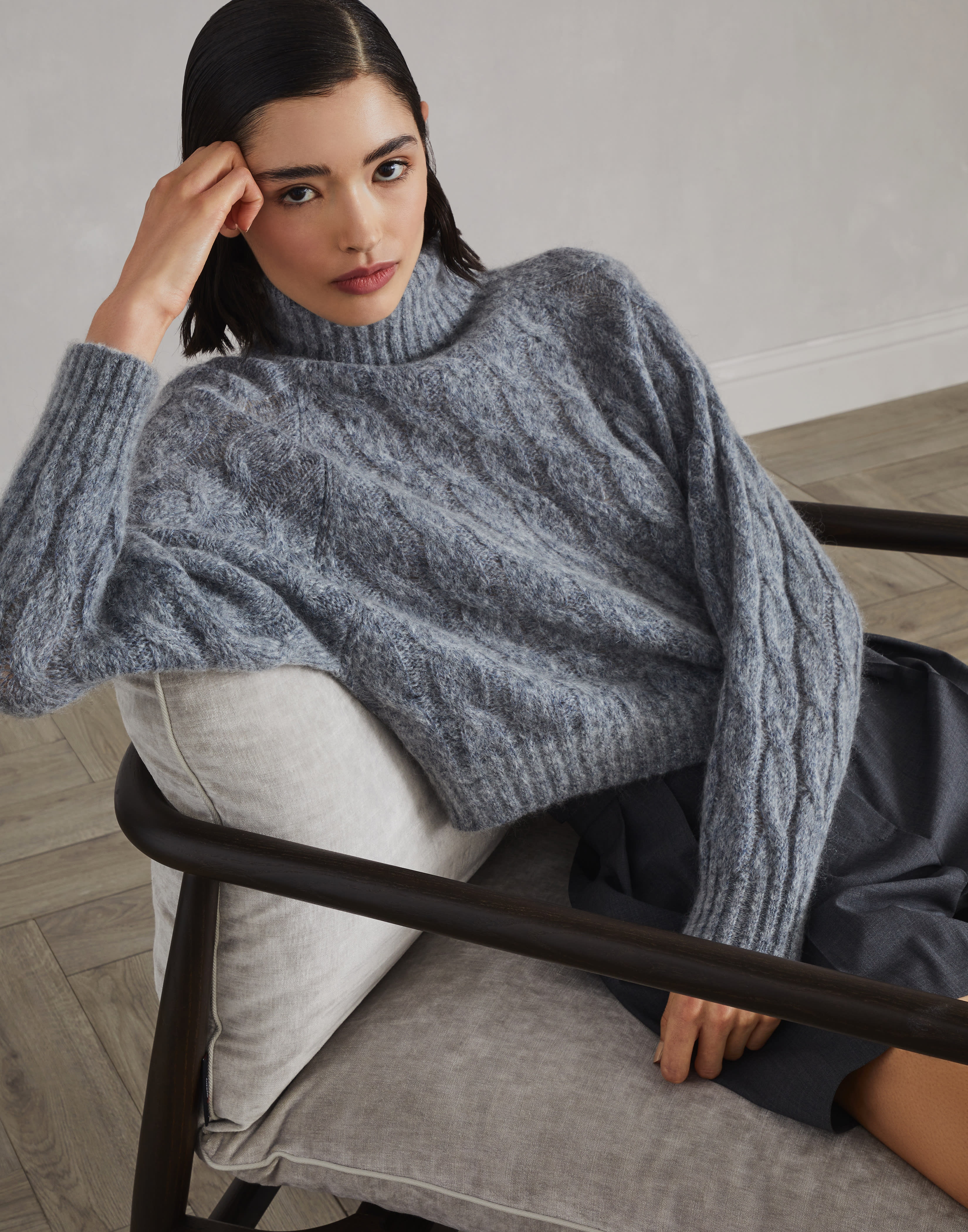 Wool and mohair cable knit turtleneck sweater with monili - 4