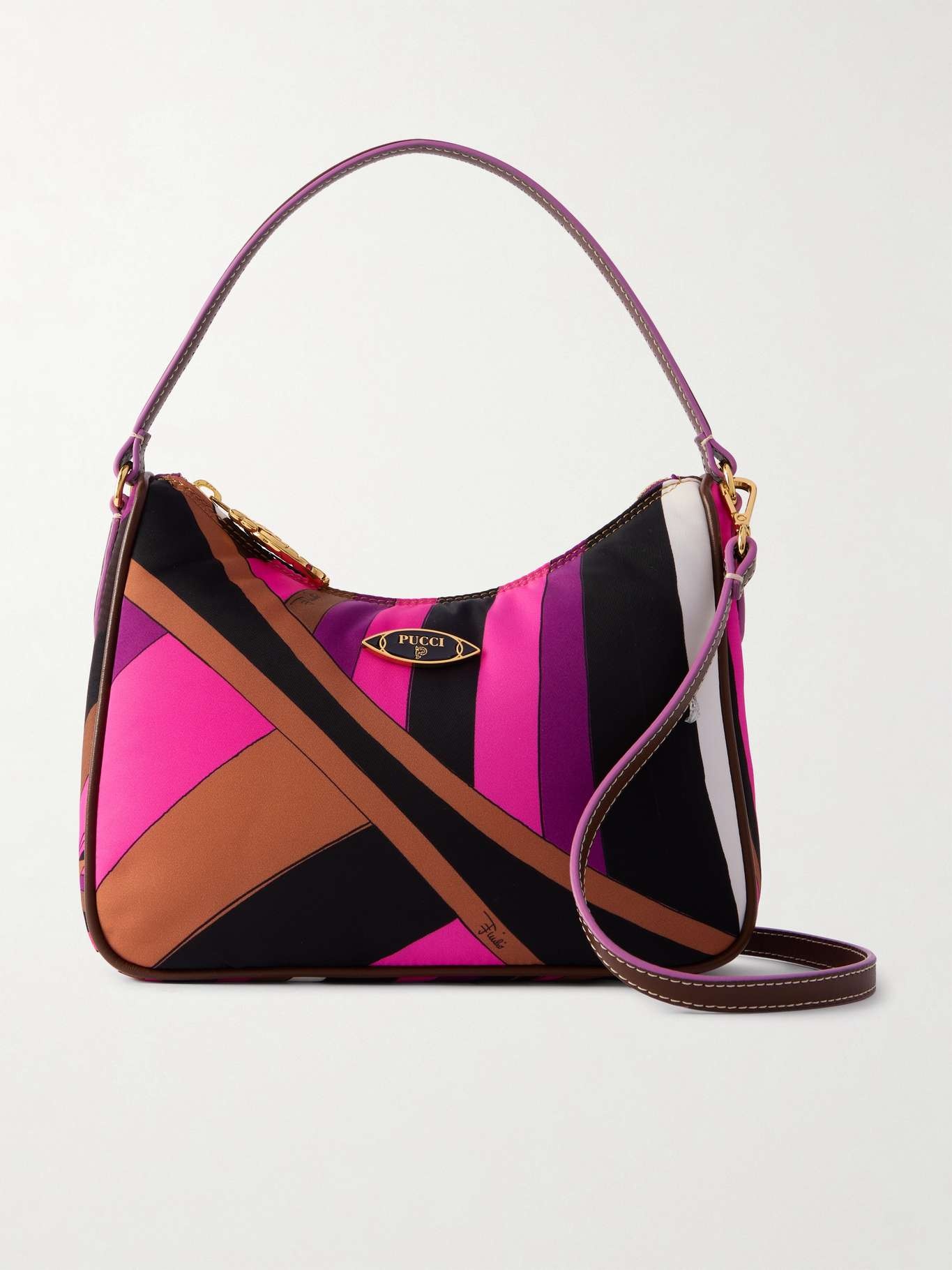 Leather-trimmed printed padded shell shoulder bag - 1