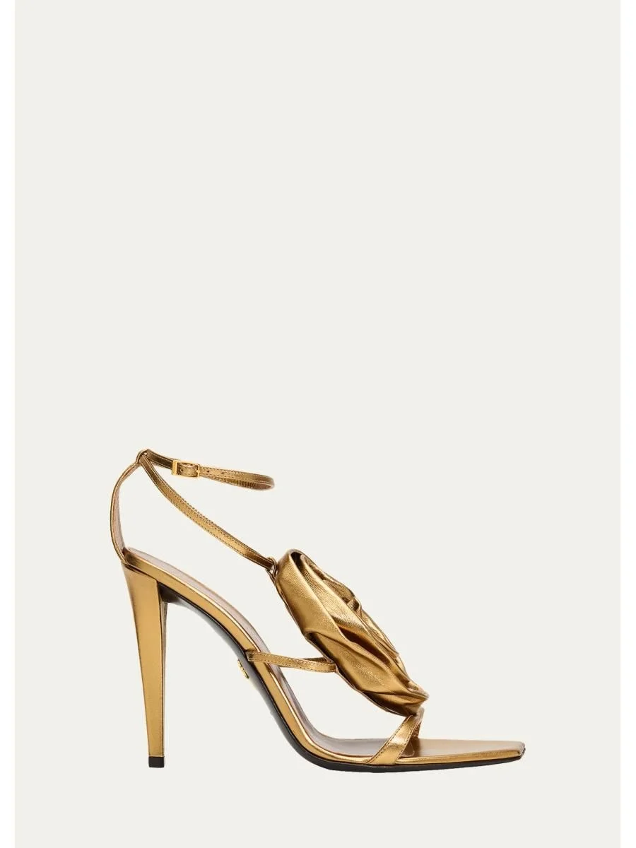105mm Flower Metallic Leather Ankle-Strap Sandals - 1
