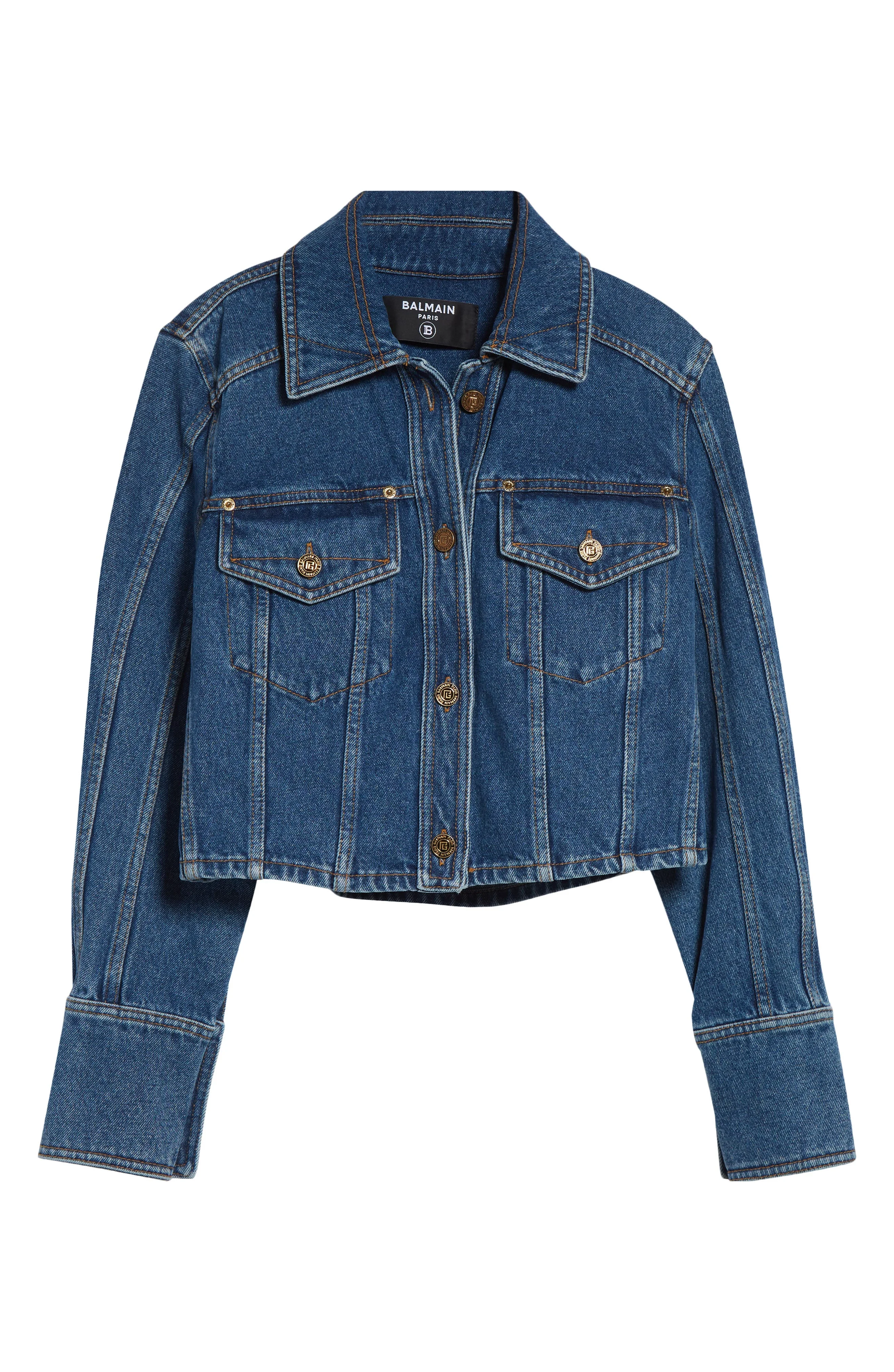 Balmain Crop Denim Jean Jacket in 6Ex Bleu Jean Dark at Nordstrom - 1