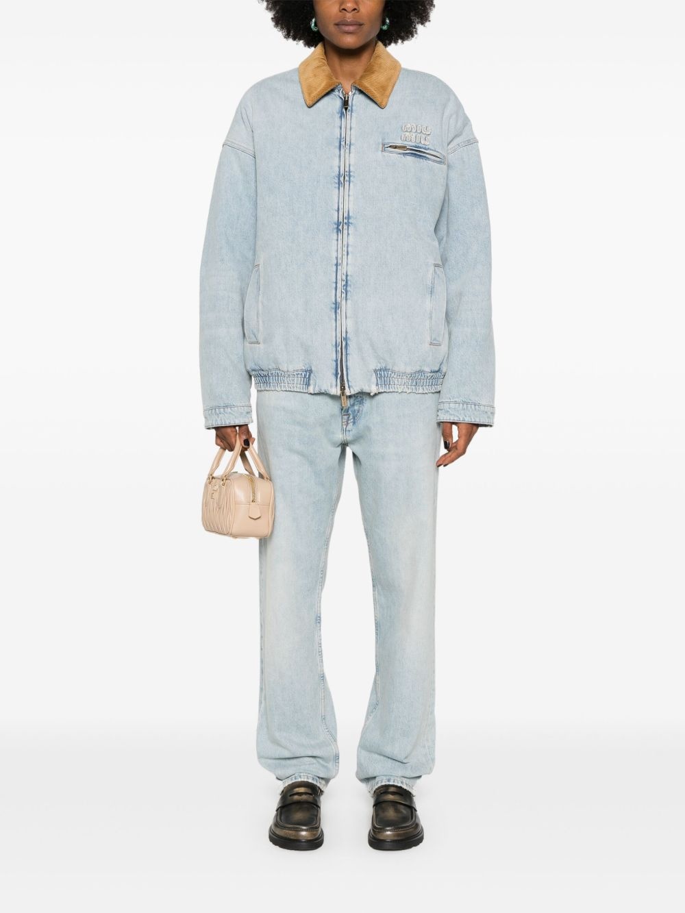 デニム・ジーパン Miu Miu Straight-leg jeans miu-miu-Bleu-Embroidered-Logo-