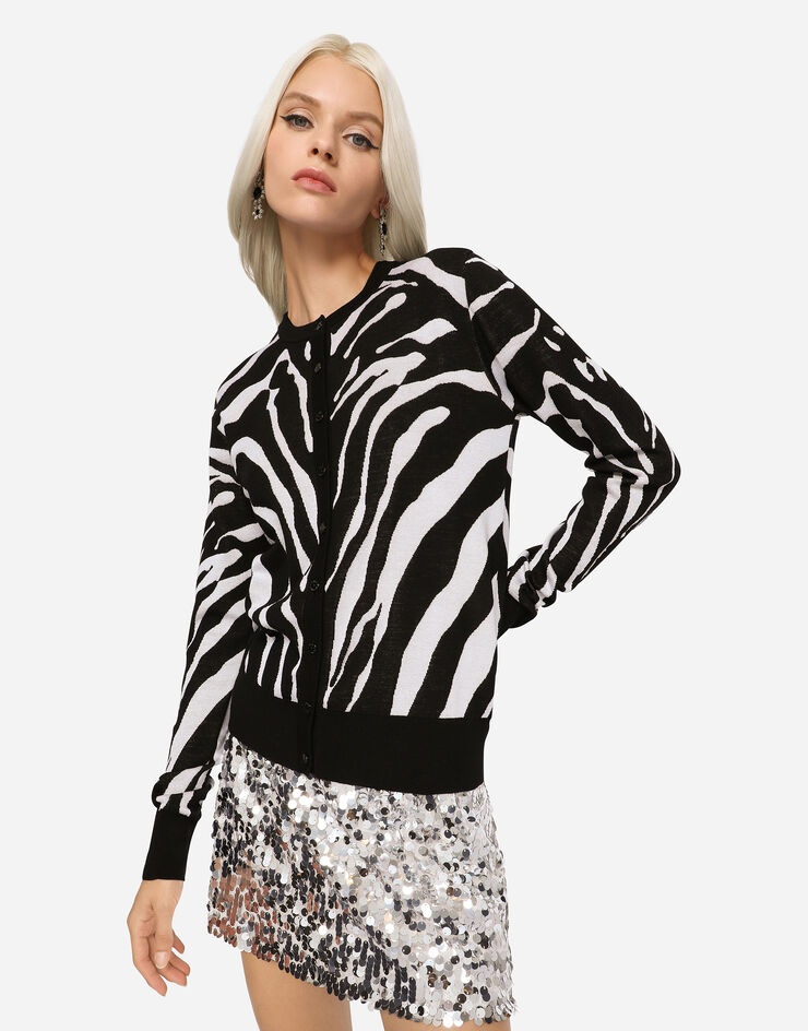 Zebra-design jacquard cardigan in wool and silk - 3