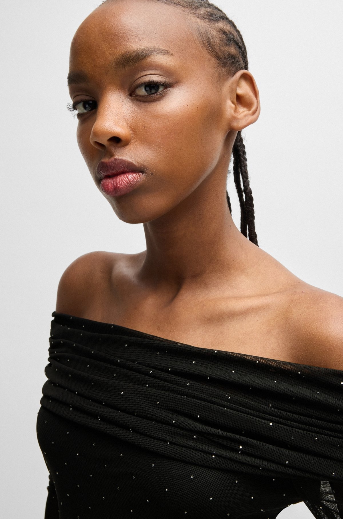 STRETCH-MESH DRESS WITH ALL-OVER RHINESTONE STUDS - 4