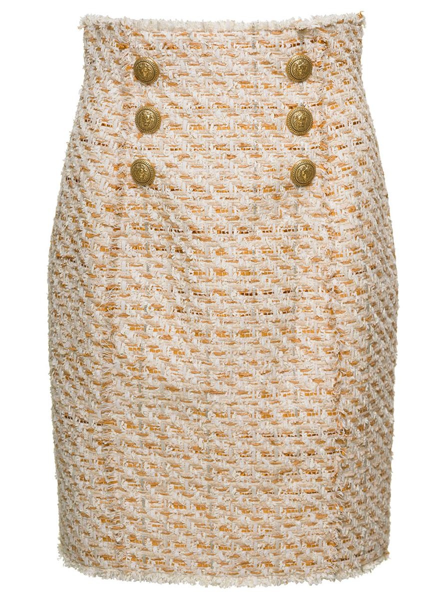 BALMAIN BEIGE TWEED SKIRT WITH FRONT GOLDEN BUTTONS IN COTTON BLEND WOMAN - 1