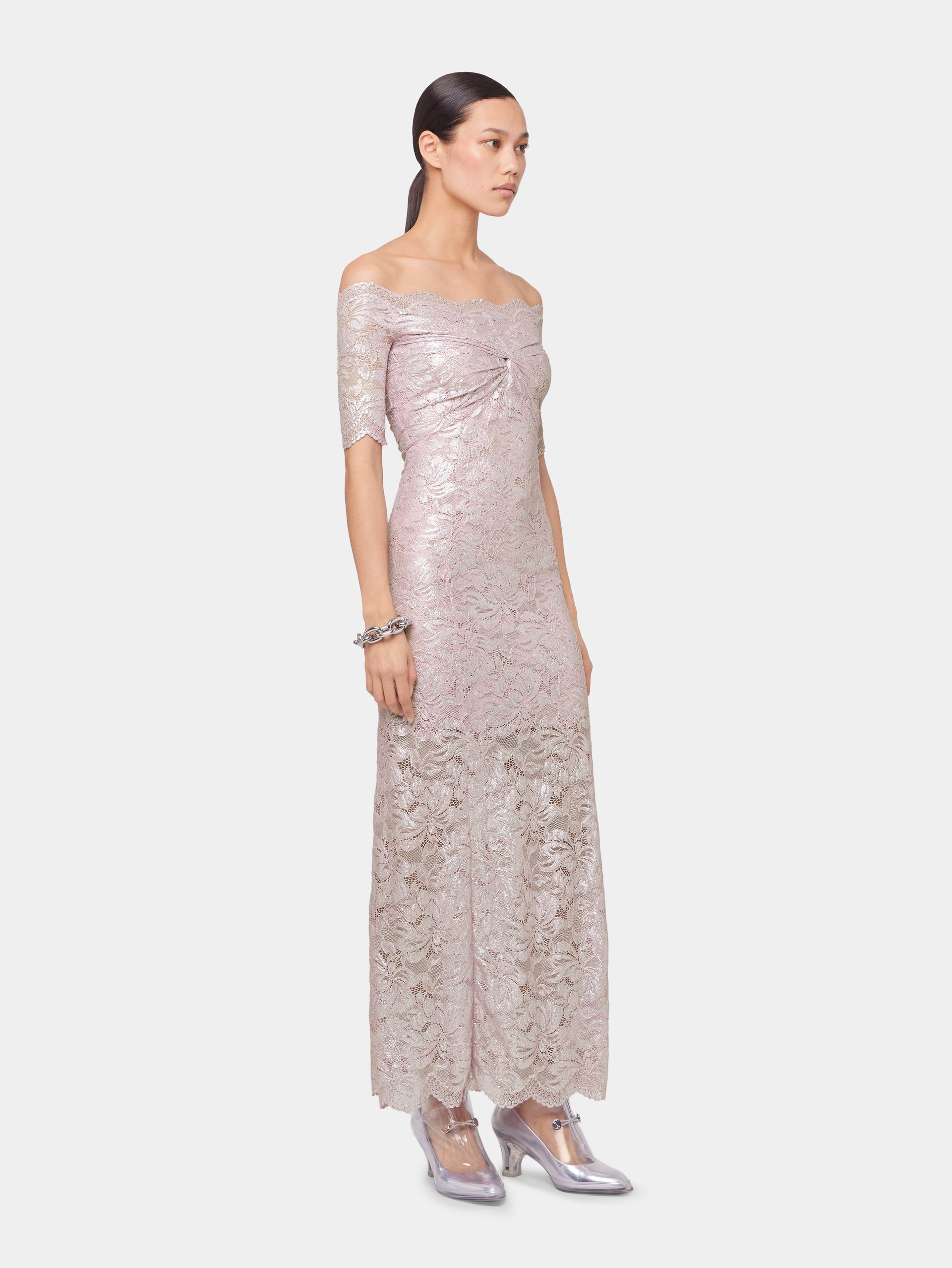 PINK LONG DRESS IN LACE WITH SILVER INDUCTION - 5