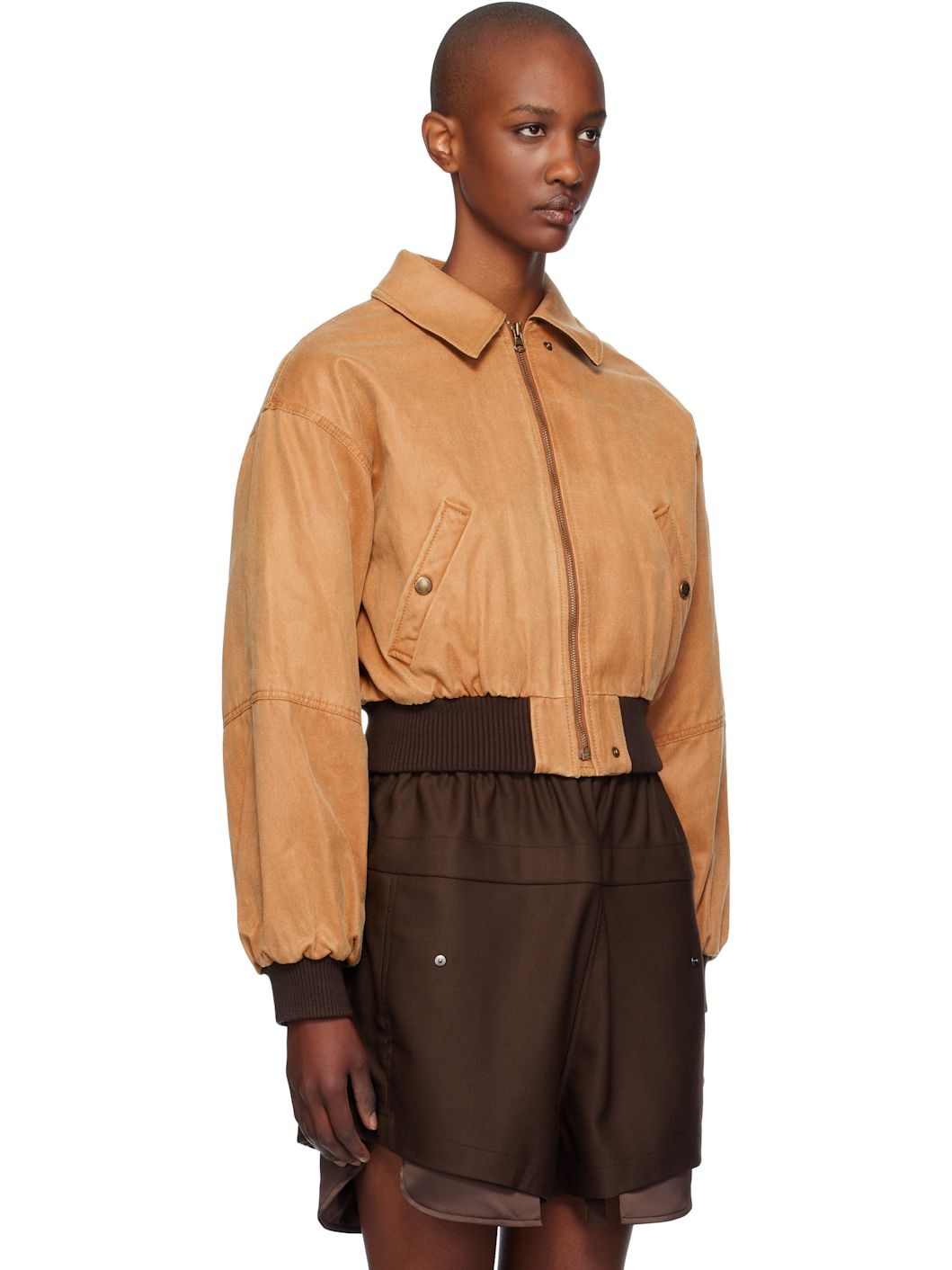 Tan Paper Like Crop Bomber Jacket - 2