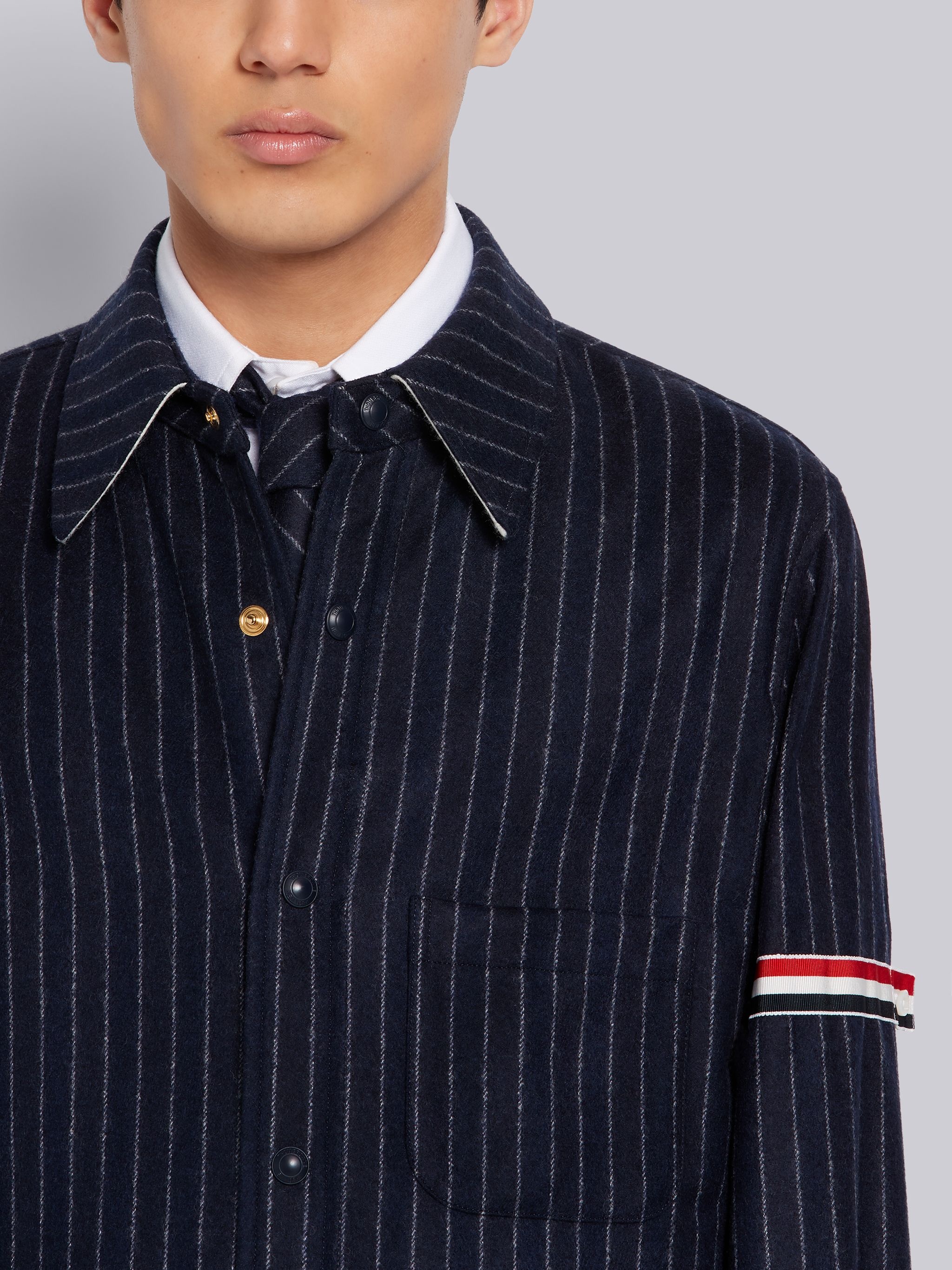 Navy Wool Flannel Tonal Ground Chalk Stripe Grosgrain Armband Snap Front Shirt Jacket - 5