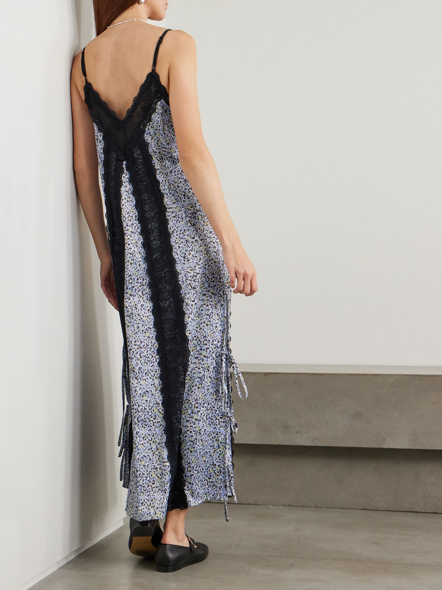 Sunita tie-detailed lace-trimmed leopard-print stretch-satin maxi dress Blue - 3