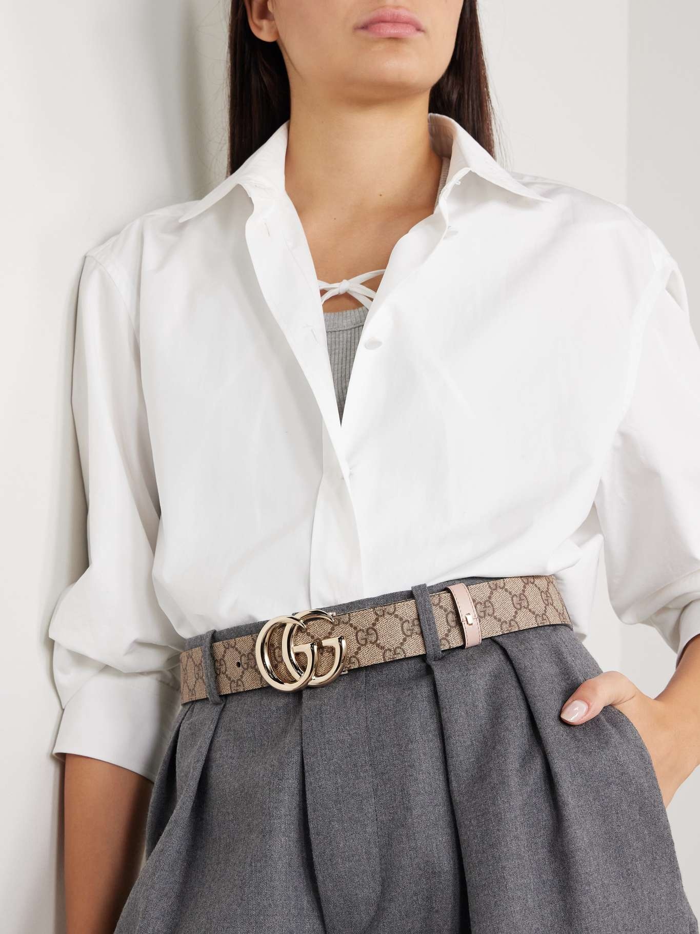 Printed coated-canvas and leather belt Beige - 2