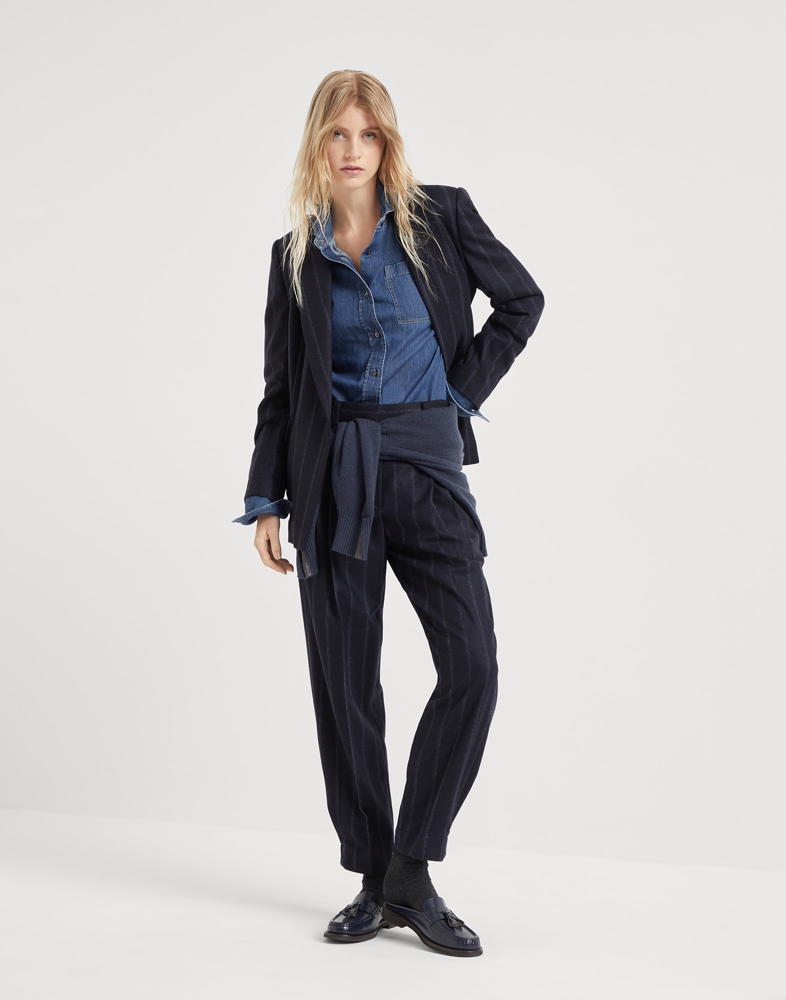 Techno virgin wool striped flannel blazer with monili - 5