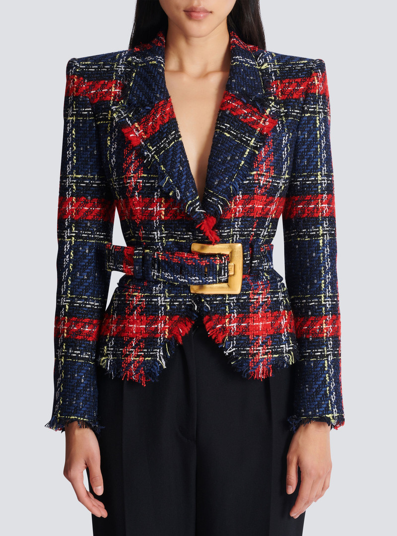 Belted plaid tweed jacket 5